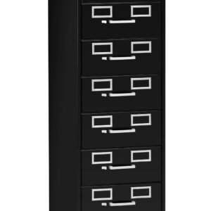 A black, tall, five-drawer filing cabinet with sturdy metal handles and a lock on the top drawer. The cabinet stands on a plain white background, and each drawer features a label holder.