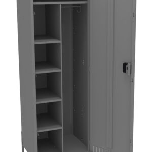 A tall, gray metal cabinet with one door open, revealing multiple shelves on the left and a vertical space with a hanging rod on the right. The door has ventilation slits and a lock.