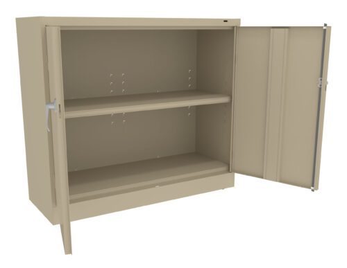 A beige metal storage cabinet with one open door, revealing two shelves inside. The cabinet is empty and stands on four small legs, designed for organizing or storing items securely.