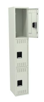 Tall, beige metal locker with three stacked compartments. The top compartment is open, revealing a dark latch mechanism inside, while the bottom two compartments are closed, each featuring ventilation slits and black handles.
