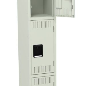 Tall, beige metal locker with three stacked compartments. The top compartment is open, revealing a dark latch mechanism inside, while the bottom two compartments are closed, each featuring ventilation slits and black handles.