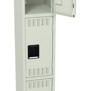 A tall gray metal locker with three compartments. The top compartment is open, showing an empty interior with a vertical latch mechanism on the door. The middle and bottom compartments are closed. Each compartment has a black handle.