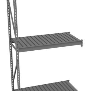 A gray, three-tier industrial shelving unit with slatted metal shelves and a sturdy frame. The design is minimalist, suitable for storage in garages, warehouses, or offices. The shelves are evenly spaced and aligned.