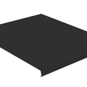 A black, flat rectangular metal sheet viewed from an angle, with a small notch on one edge and a subtle bend along another edge. The surface appears smooth, and the background is plain white.