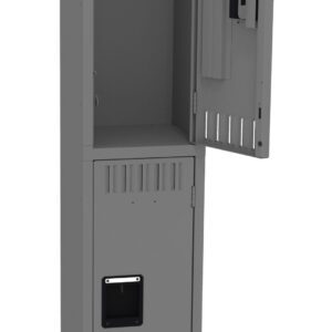 A metal locker with two compartments is shown. The top compartment door is open, revealing a control panel. The bottom compartment door is closed. The locker stands on four legs.