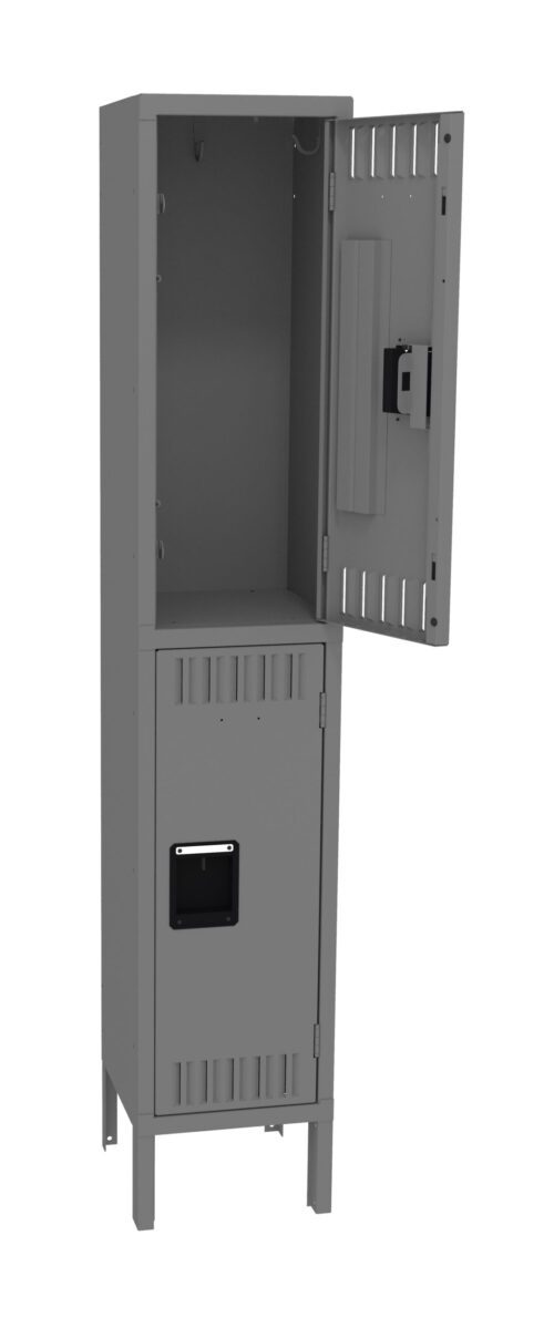 A metal locker with two compartments is shown. The top compartment door is open, revealing a control panel. The bottom compartment door is closed. The locker stands on four legs.