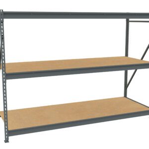 A large, empty metal shelving unit with three wooden shelves. It has a gray frame and is designed for heavy-duty storage. The background is plain white.