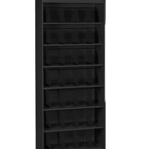 A tall, black metal storage shelf with multiple shelves, each containing several small black storage bins organized in rows. The bins are open at the top for easy access. There are no visible contents in the bins.
