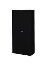 A tall, black metal storage cabinet with closed double doors and a central round lock. The design is simple and sleek, suitable for office or home organization. The cabinet stands against a plain white background.