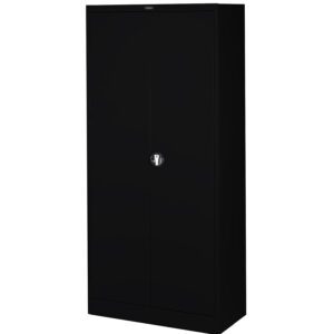 A tall, black metal storage cabinet with closed double doors and a central round lock. The design is simple and sleek, suitable for office or home organization. The cabinet stands against a plain white background.