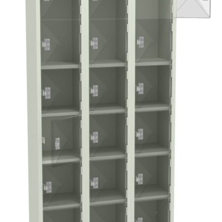 A metal locker unit with four vertical columns, each containing three compartments with individual transparent doors. The locker is light gray in color, and doors have a square lock mechanism. Theres a detached door illustrated at the top right.
