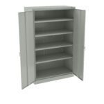 A metal storage cabinet with two open doors revealing five adjustable shelves. The cabinet is plain and light gray, designed for organizing and storing items.