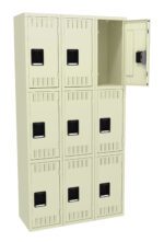 A beige nine-compartment locker unit with three rows and three columns. The top-right locker door is open, revealing the empty interior. Each locker has a black rectangular handle at the center.