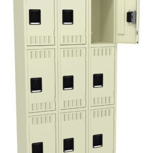 A beige nine-compartment locker unit with three rows and three columns. The top-right locker door is open, revealing the empty interior. Each locker has a black rectangular handle at the center.