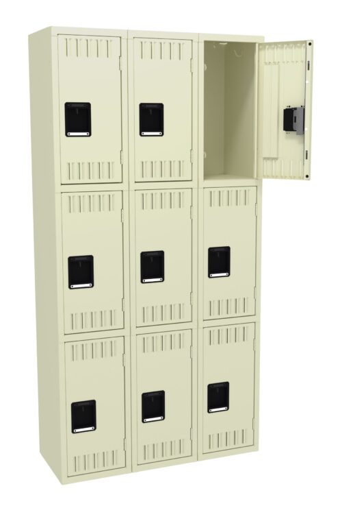 A beige nine-compartment locker unit with three rows and three columns. The top-right locker door is open, revealing the empty interior. Each locker has a black rectangular handle at the center.