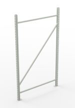 A metal shelving frame with a diagonal cross-brace, consisting of three horizontal beams and vertical posts with multiple holes for adjustable shelving. The frame is isolated on a white background.