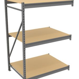 A metal storage rack with three wooden shelves. The frame is gray and features a cross-brace on the left side for stability. The shelves are evenly spaced and suitable for storing various items.