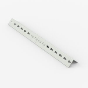 Silver metal bracket with multiple holes and a central hinge, positioned diagonally on a white background.