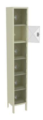 A tall, beige metal storage cabinet with five shelves is shown. The cabinet door is partially open, revealing the empty interior shelves. The cabinet stands on four legs and has a minimalist design.