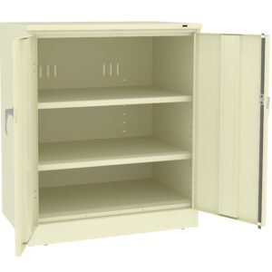 A beige metal cabinet with two open doors revealing two adjustable shelves inside. The cabinets interior is empty, and there are handles on each door.