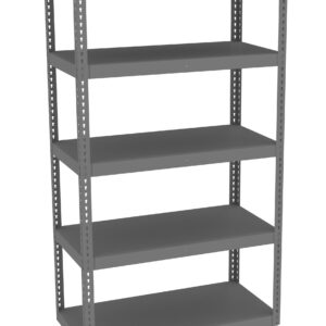 A gray metal shelving unit with five evenly spaced shelves, suitable for storage or organizing items. The shelves are rectangular, and the unit is freestanding, designed for use in garages, warehouses, or storage rooms.