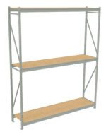 Metal storage rack with two wooden shelves and gray frame. The shelves have horizontal and diagonal metal supports for stability. The design is simple and utilitarian, suitable for garages or warehouses.