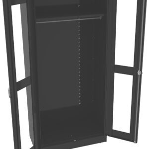A black metal cabinet with open transparent doors, featuring a vertical bar inside for hanging items. The cabinet has a sleek, modern design and appears to be empty.