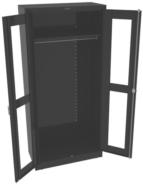 A black metal cabinet with open transparent doors, featuring a vertical bar inside for hanging items. The cabinet has a sleek, modern design and appears to be empty.