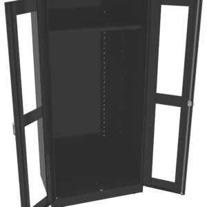 A black, tall, and empty cabinet with two glass-paneled doors open. It has a single shelf near the top and a series of holes along the inner sides, possibly for adjustable shelving. The cabinet stands on a flat surface.