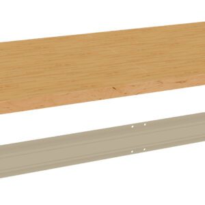 A wooden tabletop and a metal support rail are displayed on a white background. The tabletop has a light wood grain texture, and the metal rail is beige, featuring small holes for mounting.