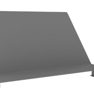 A gray, angled metal book display stand with a flat base and back support.