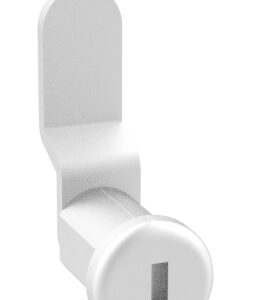 A white wall hook with a simple, modern design. The base is rectangular with rounded edges, and a cylindrical hook extends outward. The hook has a horizontal slot in the center. The overall appearance is minimalist and sleek.