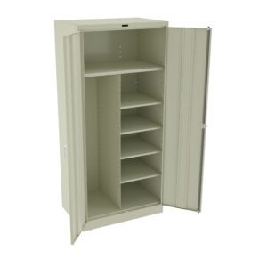 A beige metal storage cabinet with two open doors, revealing multiple shelves on the left and adjustable compartments on the right. The interior is empty, and the cabinet stands on a flat surface.