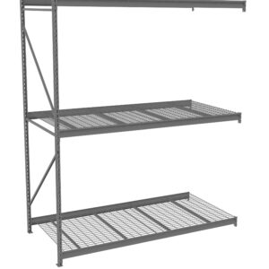 A large, gray metal storage rack with three wire grid shelves and a sturdy frame. The design includes vertical side supports with a cross-bracing for stability. The open shelves provide ample space for storage.