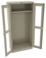 A beige metal storage cabinet with two open doors. It features a hanging rod inside and has a tall, empty interior space suitable for storing clothing or other items. The cabinet has a simple, utilitarian design.