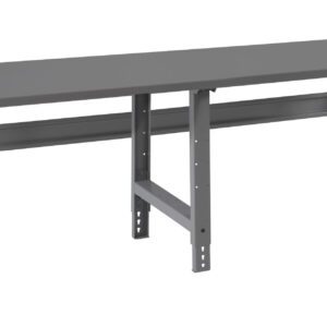 A long, gray, industrial-style workbench with a flat top and adjustable metal legs. The bench is designed for utility and durability, suitable for workshops or garages.