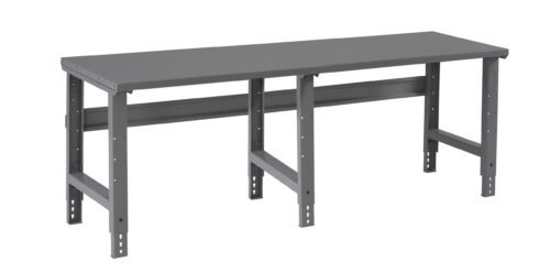 A long, gray, industrial-style workbench with a flat top and adjustable metal legs. The bench is designed for utility and durability, suitable for workshops or garages.