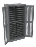 A gray metal charging cabinet with open doors revealing multiple shelves for device storage. The cabinet has a perforated design on the doors and interior panels, providing ventilation.
