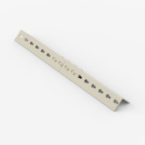 Metal bracket with a perforated, U-shaped design and evenly spaced heart-shaped holes along its length, lying on a white surface.