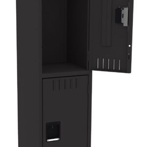 A black metal locker with two compartments. The upper door is open, showing an empty interior, while the lower compartment is closed. It has ventilation slots on the doors and stands on four legs.