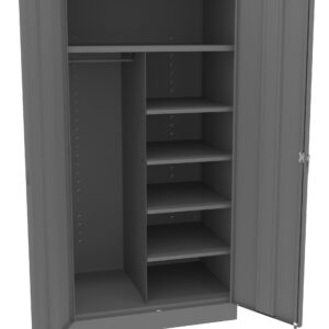 Open gray metal cabinet with two doors. Inside features multiple shelves on the right and a hanging rod on the left, offering ample storage space.