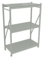 A light gray metal shelving unit with three slatted shelves and sturdy vertical supports. The design includes cross braces for extra stability. The shelves are evenly spaced and suitable for storage or organization.