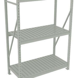A light gray metal shelving unit with three slatted shelves and sturdy vertical supports. The design includes cross braces for extra stability. The shelves are evenly spaced and suitable for storage or organization.