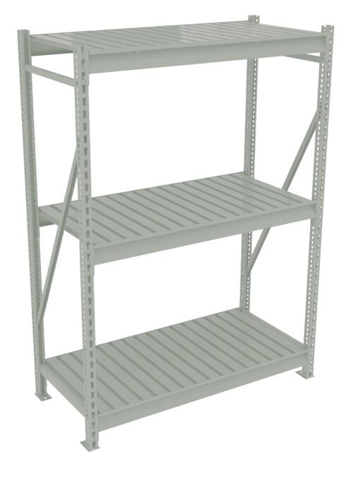 nwkxabrssoyqzjdyvezh.jpg A light gray metal shelving unit with three slatted shelves and sturdy vertical supports. The design includes cross braces for extra stability. The shelves are evenly spaced and suitable for storage or organization.