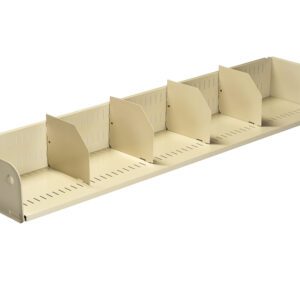 A beige metal document organizer with six adjustable dividers set in a long, rectangular form. The dividers create separate compartments for holding files or papers. The surface is perforated with slots for customization.