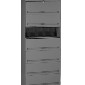 Tall grey filing cabinet with six drawers and a middle section featuring open vertical slots. The top drawer is locked, and the cabinet has a sleek, minimalist design.