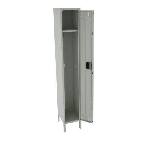 nyqptk9ki0ax2ewcwrd8.jpg A tall, gray metal locker with a single open door revealing an empty interior. Inside, there is a small shelf near the top and a hook below it. The locker stands on four legs, and there is a latch on the door.
