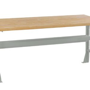 A sturdy workbench with a light wooden top and gray metal legs, featuring a horizontal support beam, suitable for workshops or garages. The design is simple and functional.