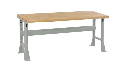 A sturdy workbench with a light wooden top and gray metal legs, featuring a horizontal support beam, suitable for workshops or garages. The design is simple and functional.