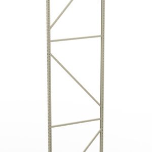 A tall, metal shelving rack frame with vertical and diagonal supports against a white background. The frame is empty, showcasing its structure for potential shelving setup.